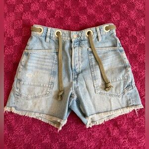 We The Free Light Blue Jean Shorts with Olive Green Drawstring